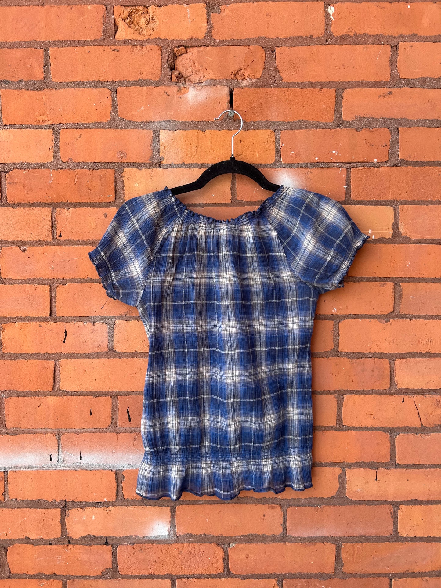 Y2K Vintage Blue Plaid Cotton Milkmaid Top / Size S