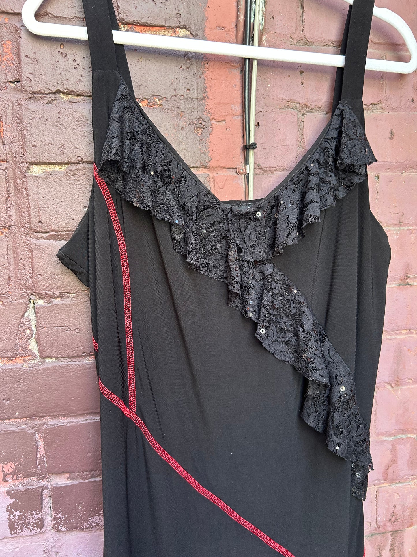 90's Vintage Black Lace & Red Stitch Midi Dress / Size XXL