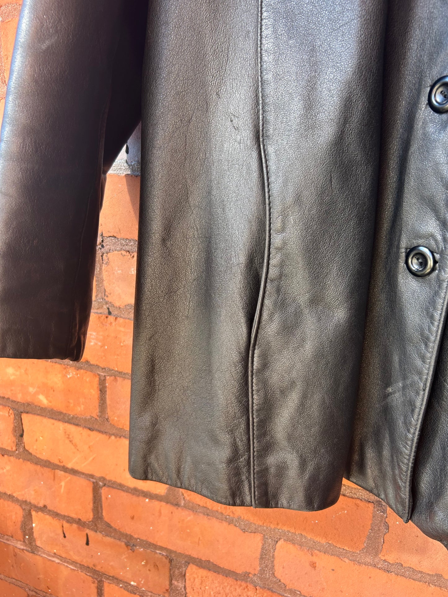 90’s Vintage Black Leather Classic Button Down Jacket / Size XXL