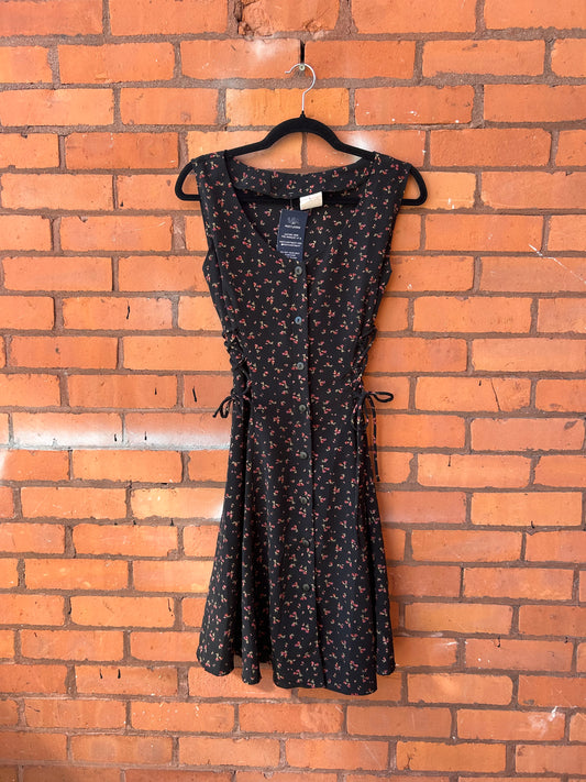90’s Vintage Red Floral Lace Up Button Down Dress / Size 12
