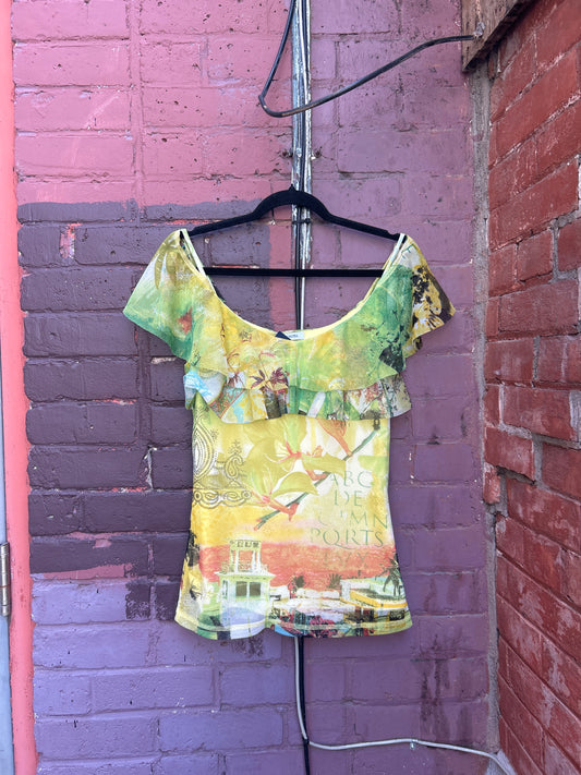 90's Vintage Yellow & Green Mesh Ruffle Tank / Size M