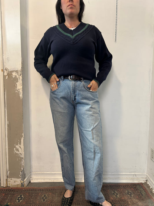 90’s Vintage Navy & Green Cotton Tennis Sweater / Size S