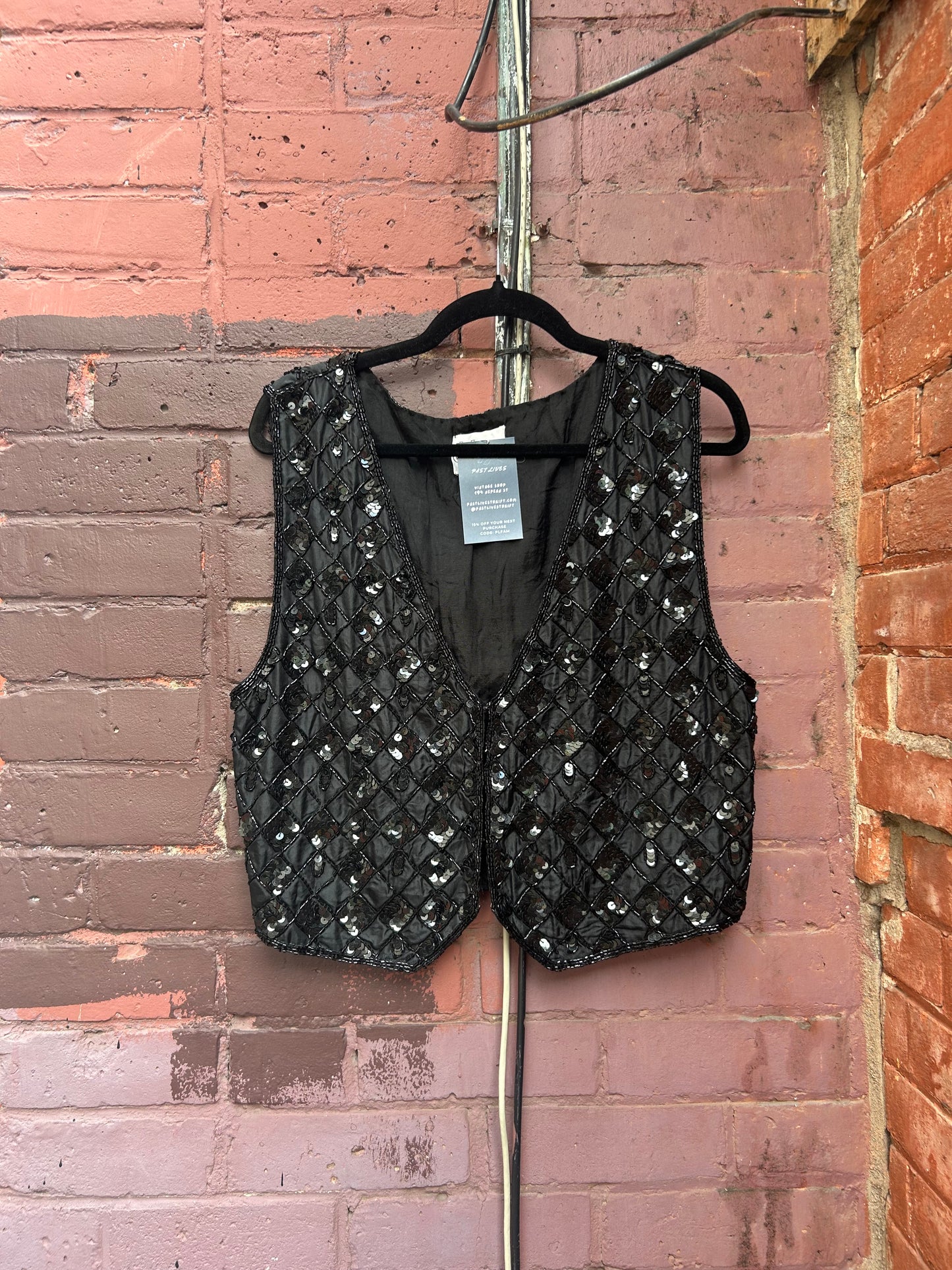 90's Vintage Black Beaded Silk Vest / Size L