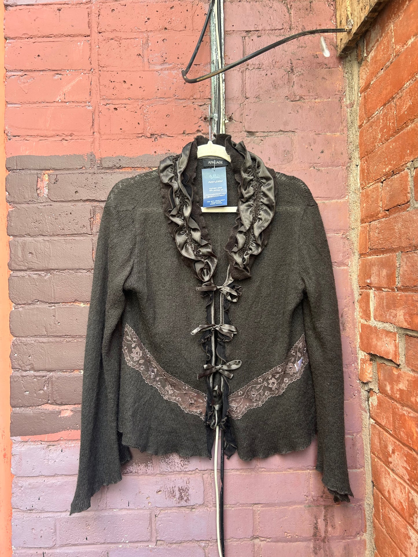 Y2K Vintage Moss Green Mohair Ruffle Tie Cardigan / Size XL
