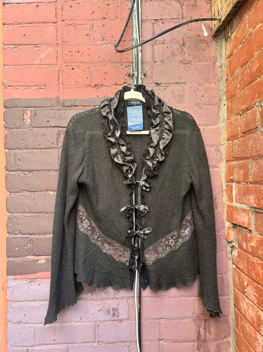 Y2K Vintage Moss Green Mohair Ruffle Tie Cardigan / Size XL