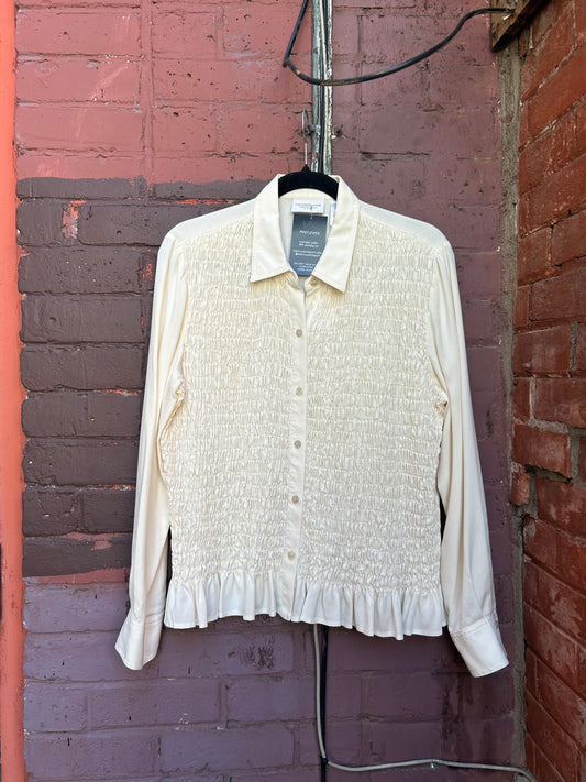 Y2K Vintage Cream Silk Ruched Button Down Blouse / Size L