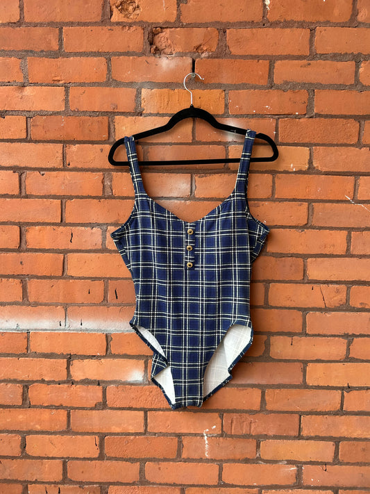 90’s Vintage Navy Plaid Cotton Low Back Body Suit / Size M