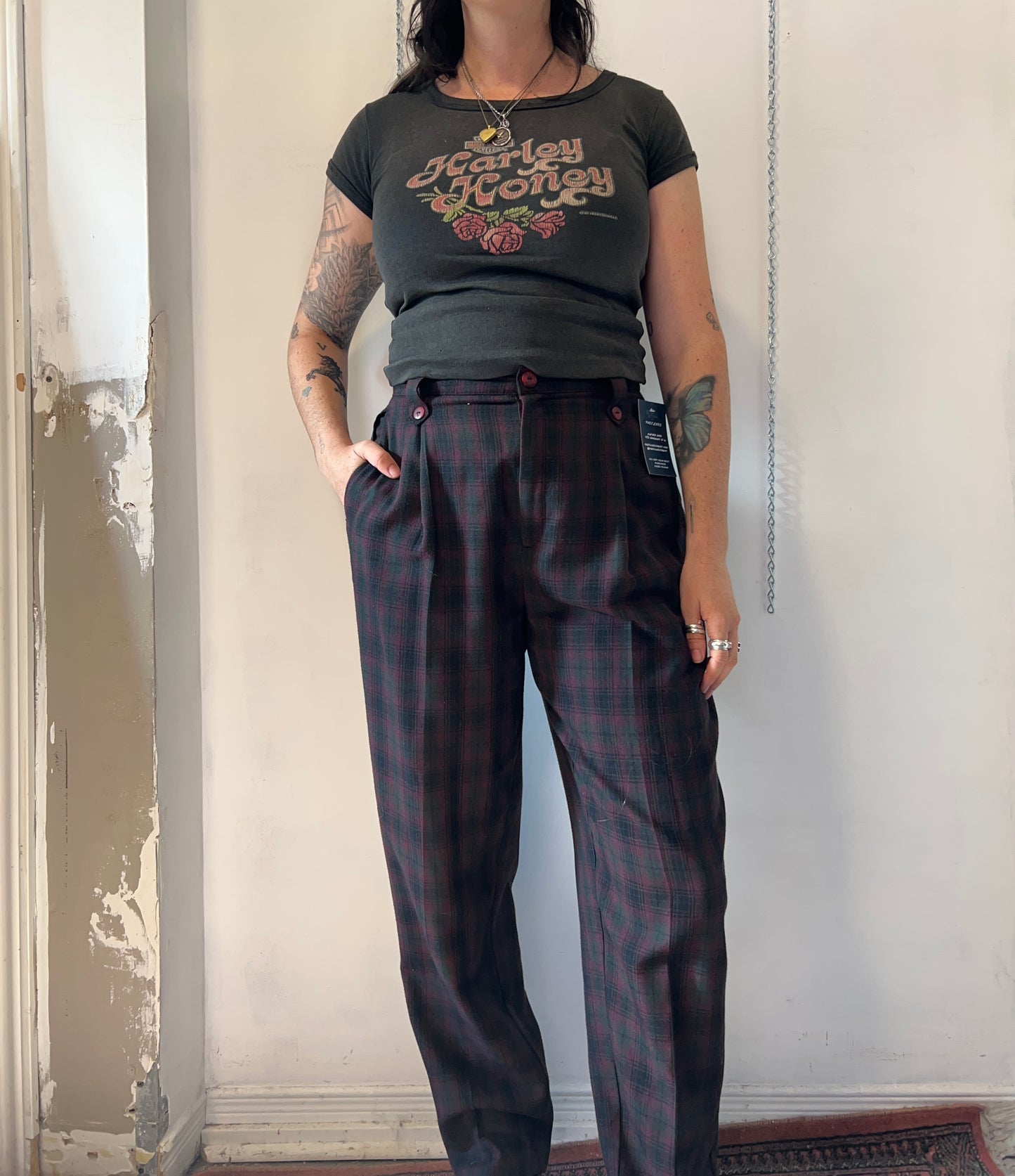 90’s Vintage Burgundy & Green Plaid High Waist Pleated Trousers / 32 Waist