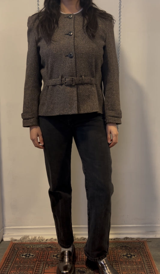 90’s Vintage Brown Tweed Wool Button Down Belted Jacket / Size M