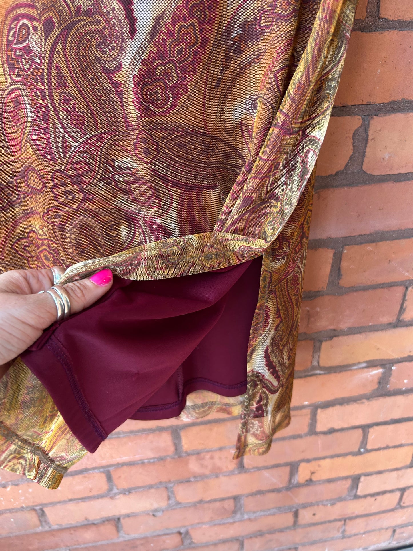 90’s Vintage Orange Paisley Mesh Over lay Midi Skirt / 32-36 Waist