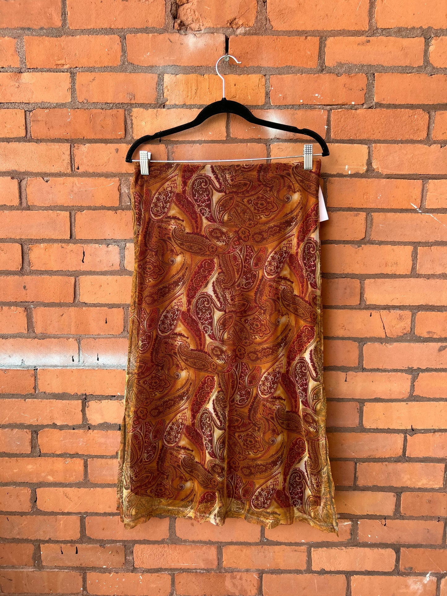 90’s Vintage Orange Paisley Mesh Over lay Midi Skirt / 32-36 Waist