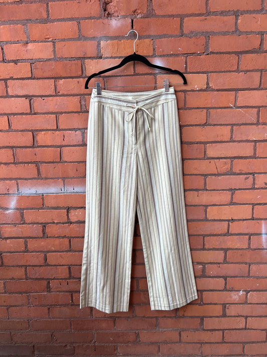90’s Vintage Green & Brown Striped Linen Blend Wide Leg Pants / 26 Waist