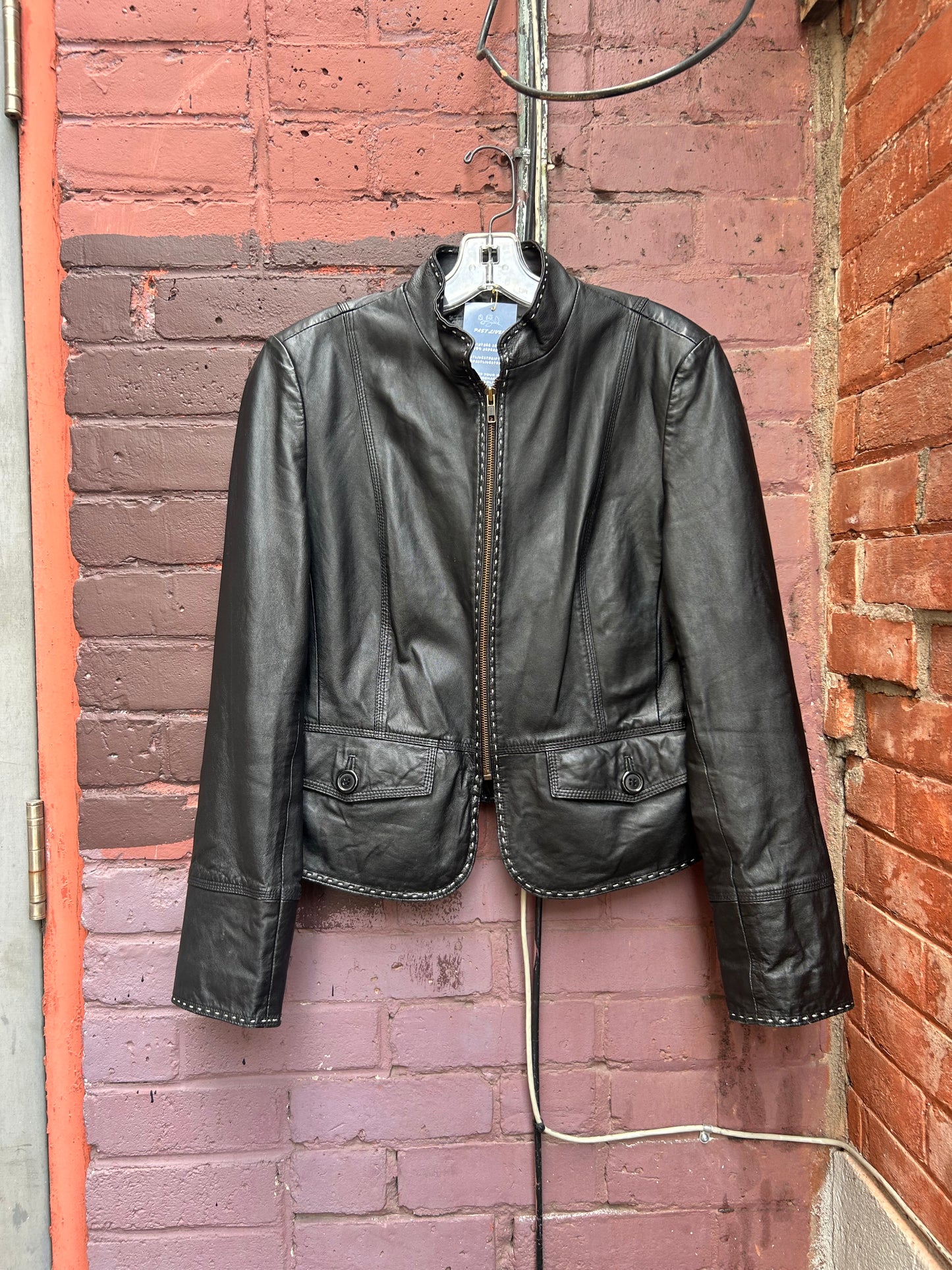 Y2K Vintage Black Leather Contrast Stitch Zip Up Jacket / Size L