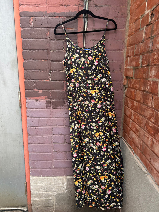 90's Vintage Black Summer Floral Midi Shift Dress / Size M