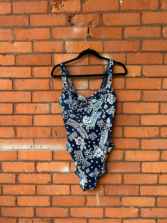 90’s Vintage Blue Floral Swim Suit / Size L