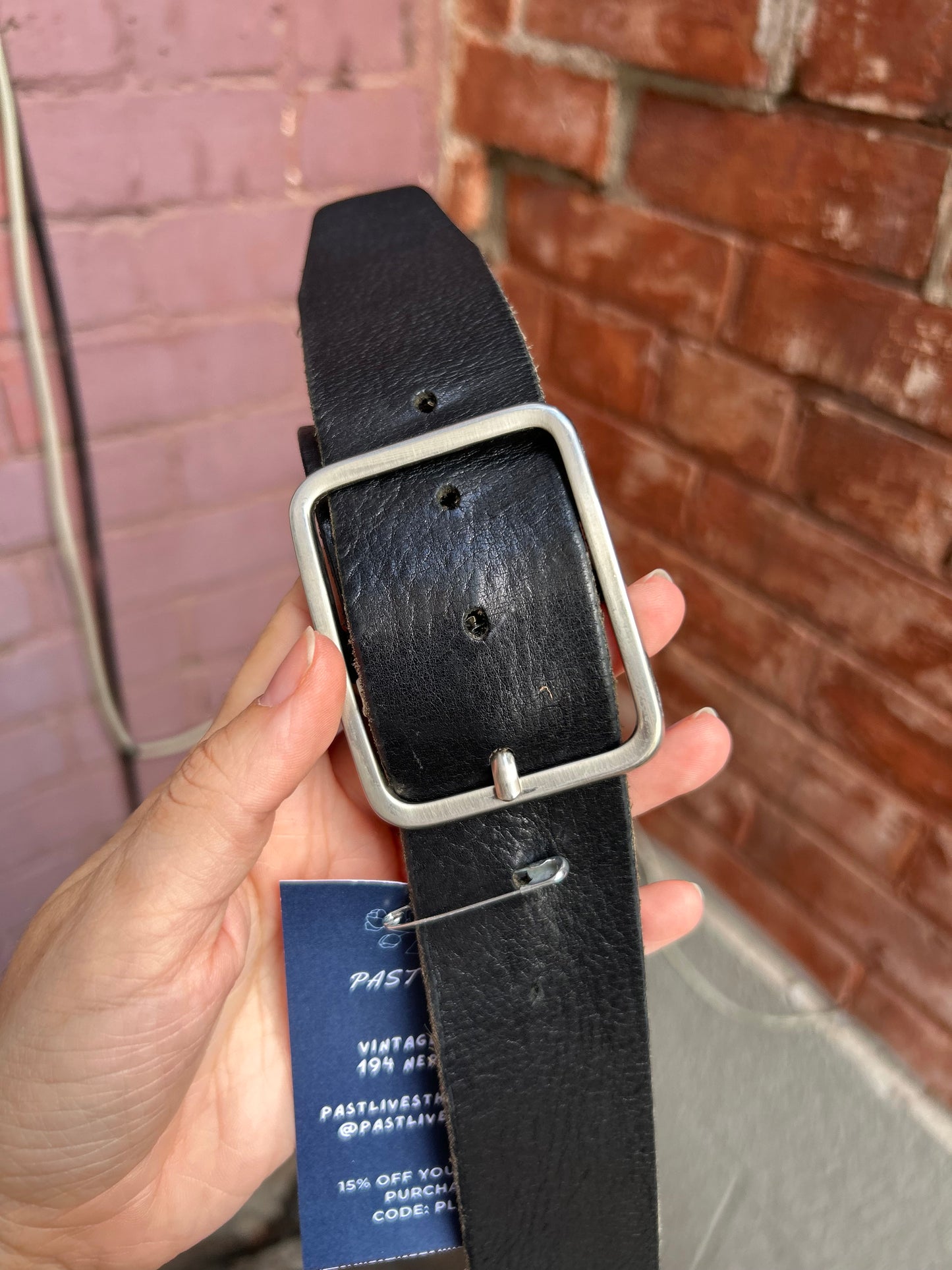 90's Vintage Black Leather Square Buckle Belt / Size Size M-L