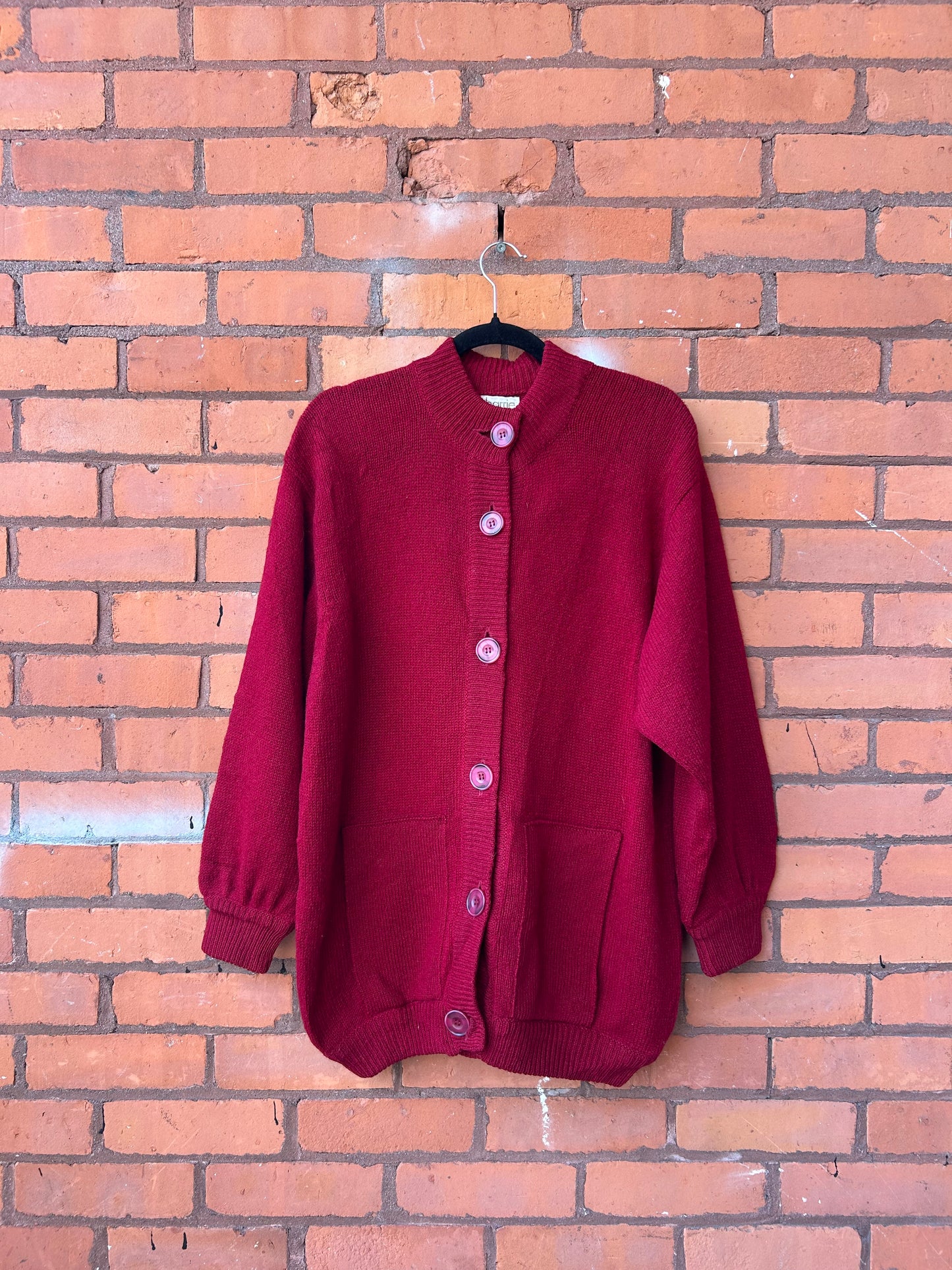 90’s Vintage Deep Red Shetland Wool Cardigan / Size XL