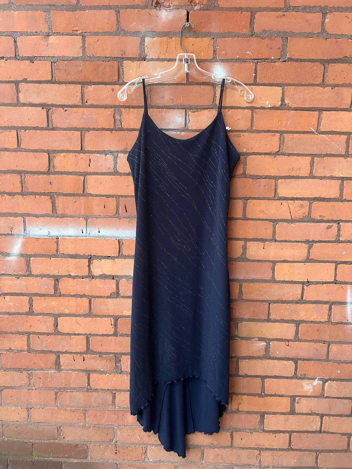 90’s Vintage Navy Blue Sparkle High Low Midi Dress / Size 8-10