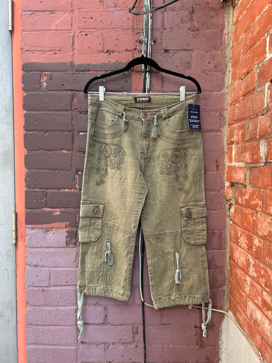 Y2K Vintage Army Green Embroidered Capris / 30 Waist