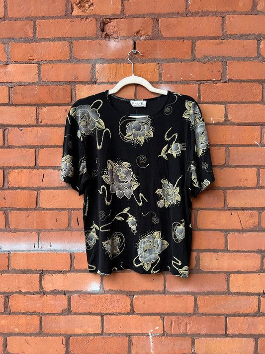 90’s Vintage Black Floral Slinky Baby Tee / Size 1X