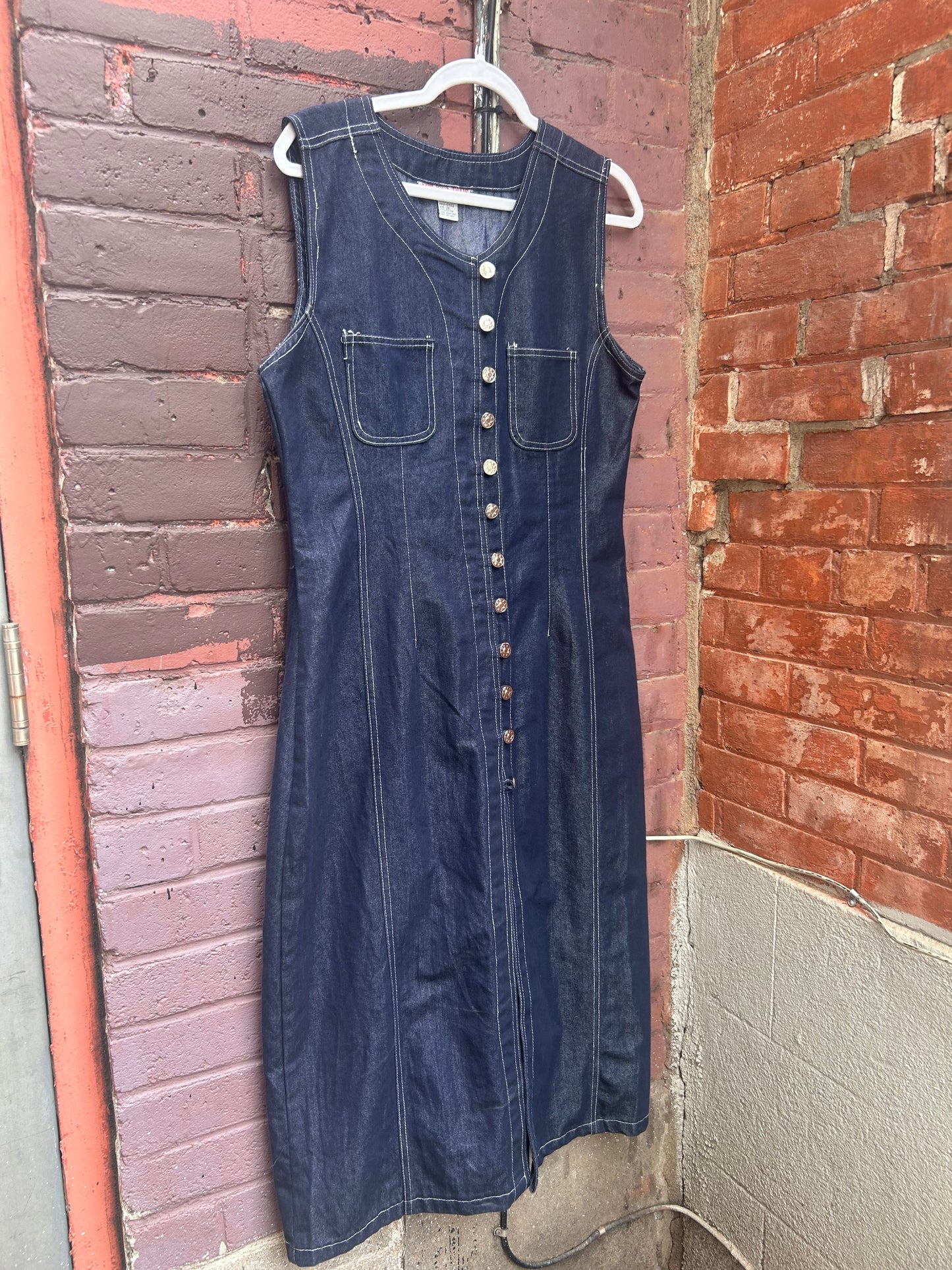 90's Vintage Dark Denim Button Down Dress / Size 16