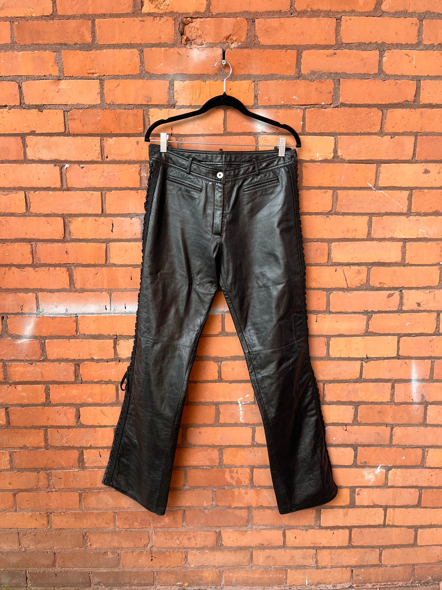90’s Vintage Black Leather Lace Up Flare Pants / 30 Waist