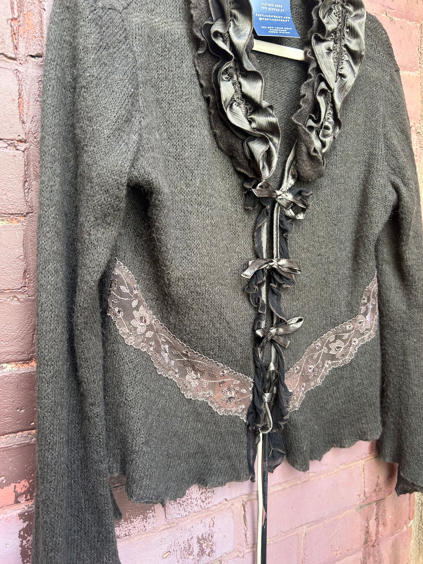 Y2K Vintage Moss Green Mohair Ruffle Tie Cardigan / Size XL