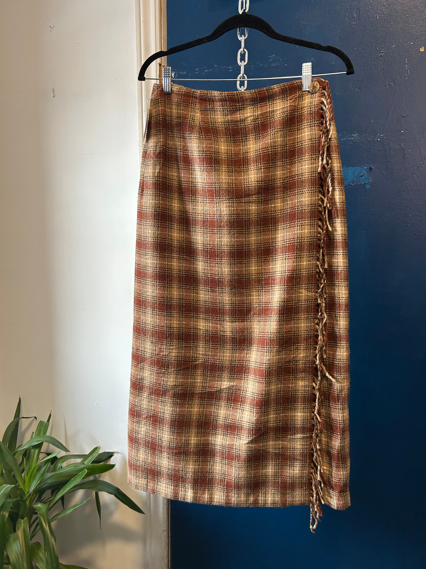 90’s Vintage Neutral Plaid Tassel Maxi Wrap Skirt / 28 Waist