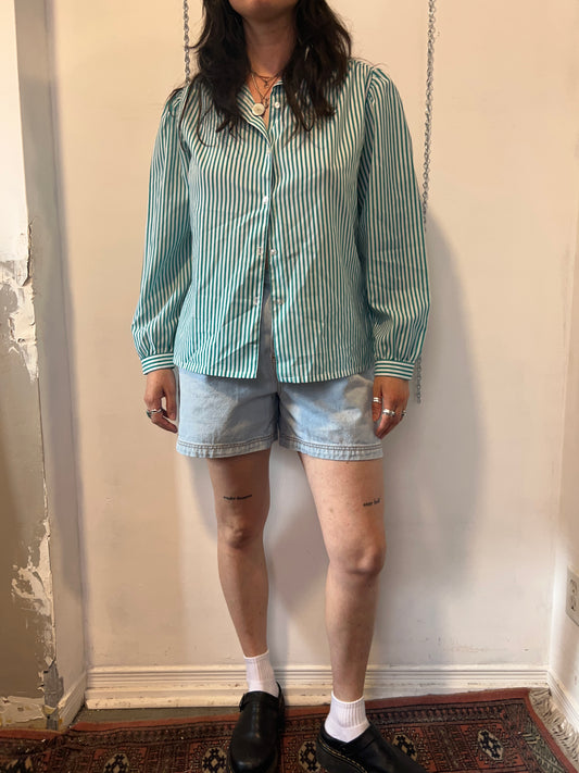 80’s Vintage Teal & White Striped Button Down Blouse / Size L