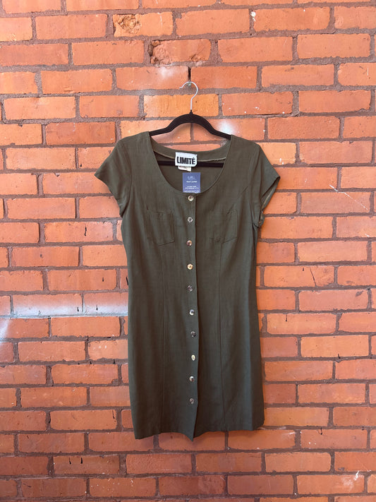 90’s Vintage Olive Linen Blend Button Down Tshirt Dress / Size 10