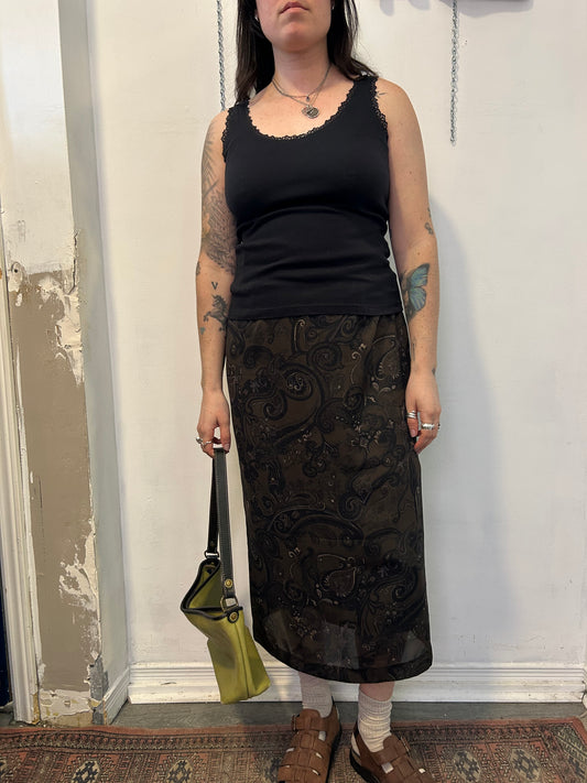 90’s Vintage Green & Black Paisley Maxi Skirt / 28 Waist