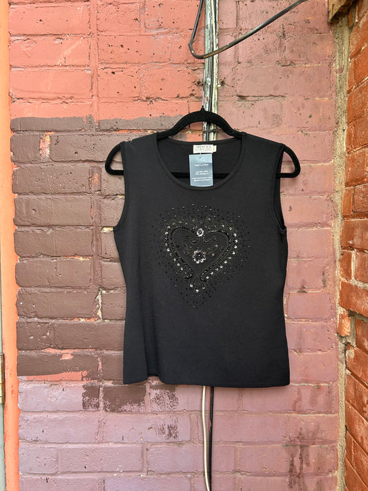 90's Vintage Black Beaded Heart Tank / Size M