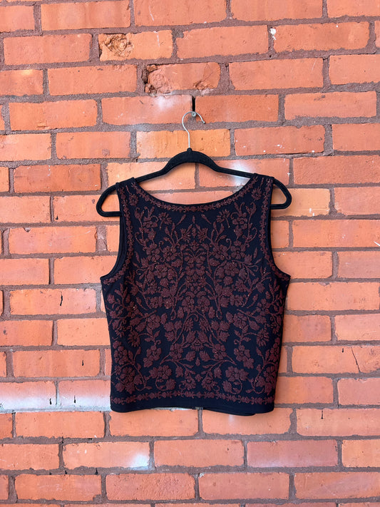 90’s Vintage Red & Black Crystal Floral High Neck Tank Top / Size M