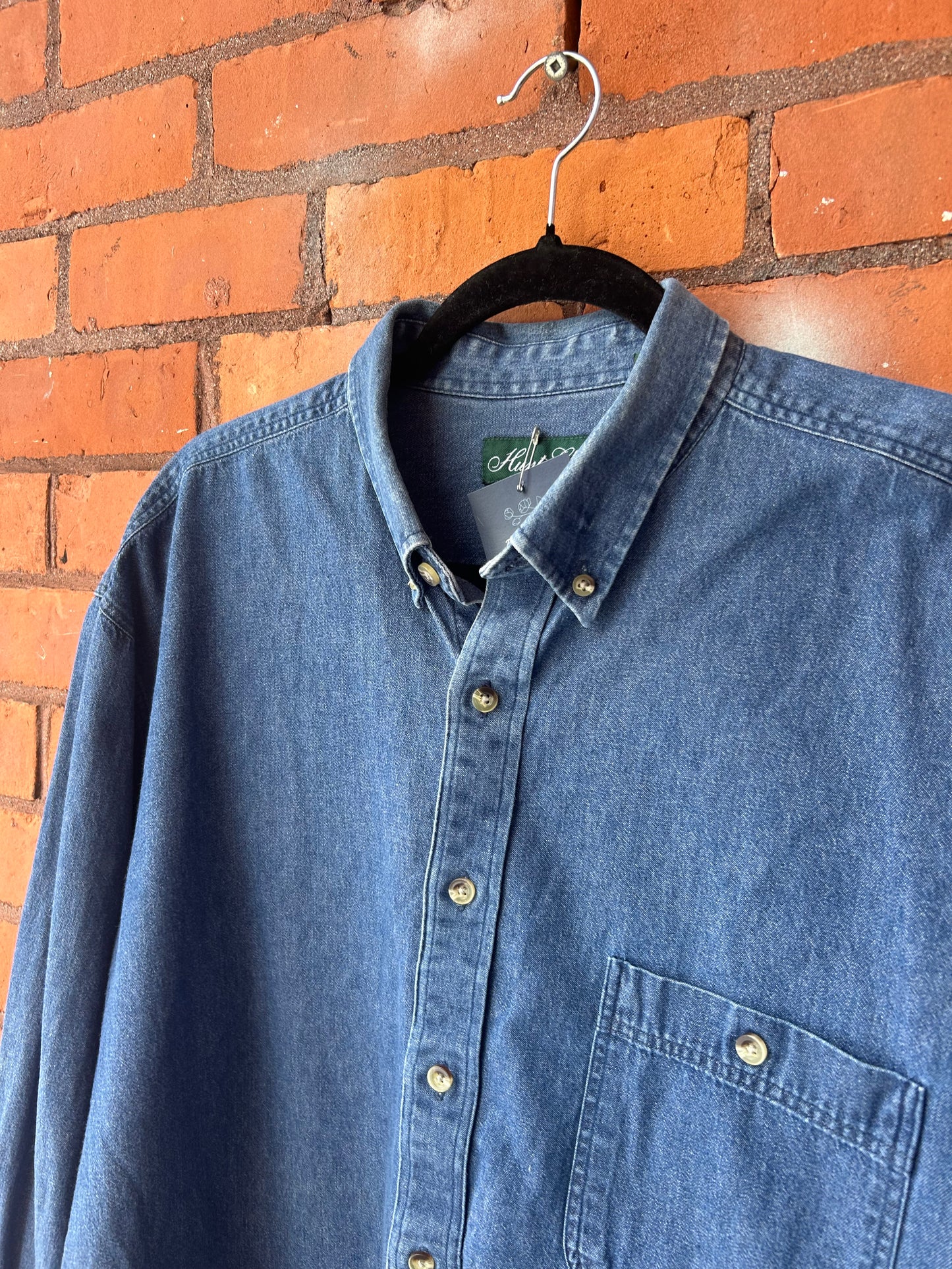 90’s Vintage Blue Denim Cotton Button Down Shirt / Size L