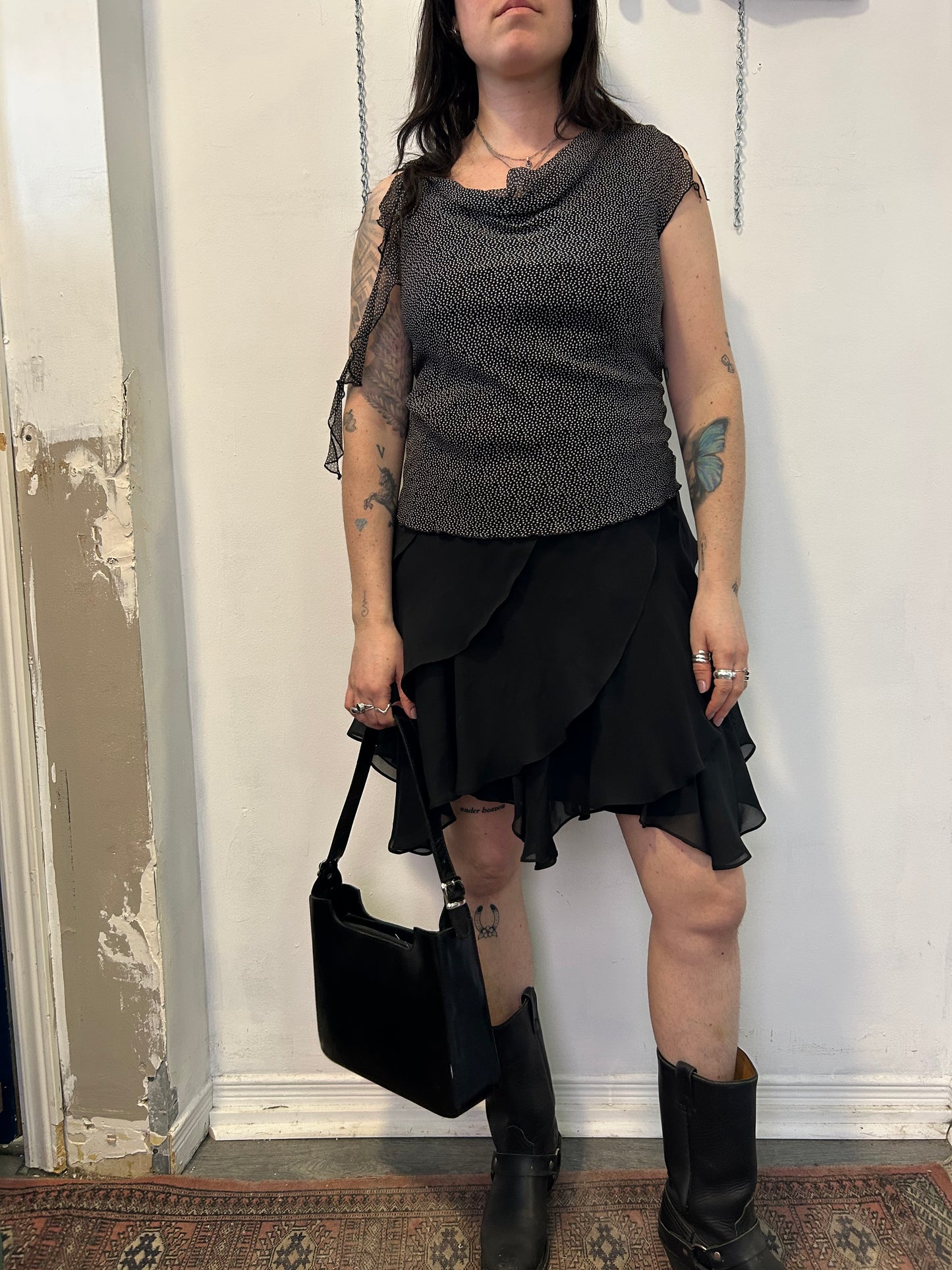 Y2K Black Ruffle Midi Skirt / 30 Waist