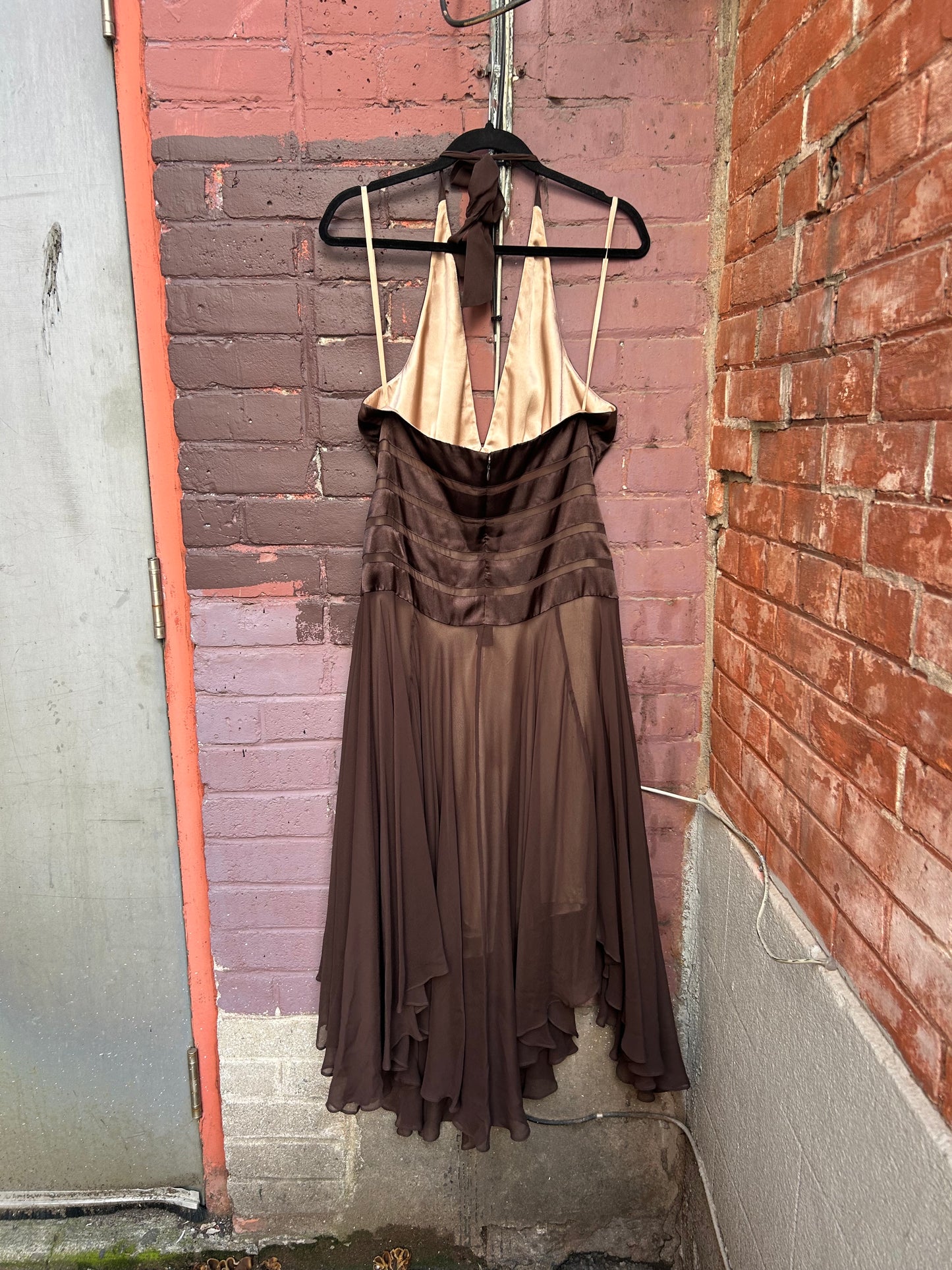 Y2K Vintage Brown Silk Halter Fairy Hem Dress / Size 14