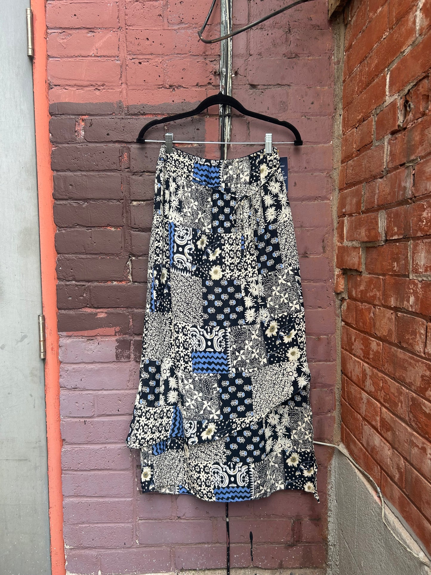 90’s Vintage Blue Patchwork Print Layered Maxi Skirt / 26-30 Waist