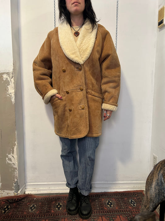 80’s Vintage Double Breasted Beige Sheepskin Coat / Size M