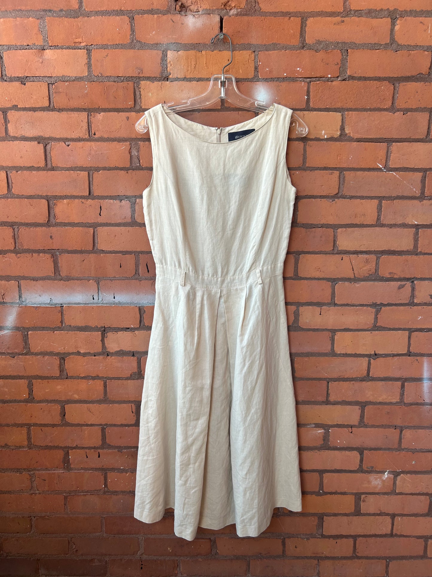 90’s Vintage Beige Linen High Neck A-Line Midi Dress / Size 8-10