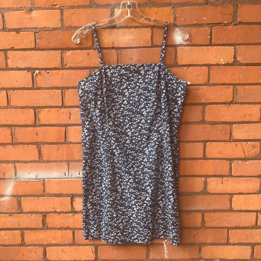 90’s Vintage Navy & Lavender Floral Square Neck Cotton Mini Dress / Size 10