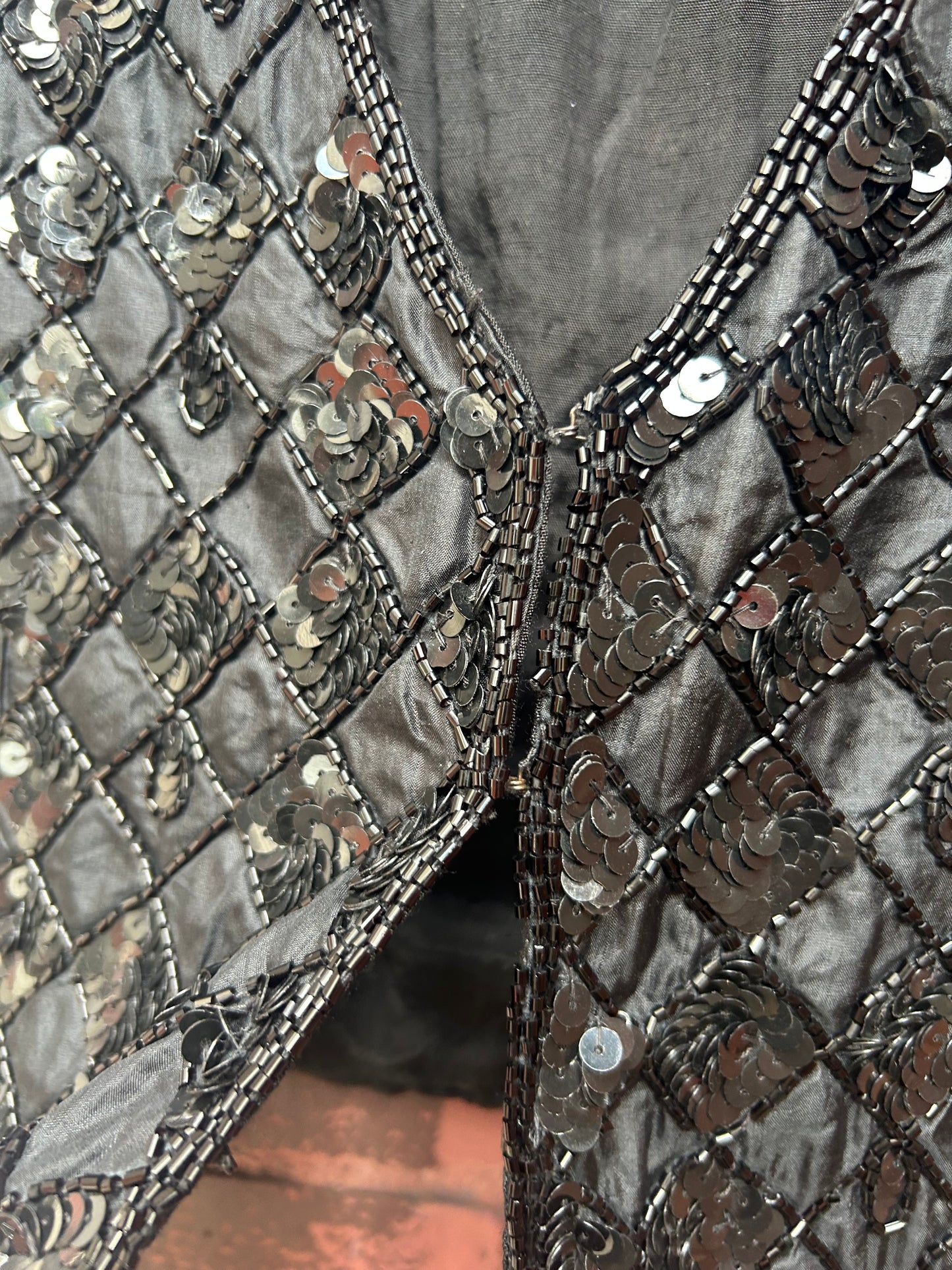 90's Vintage Black Beaded Silk Vest / Size L