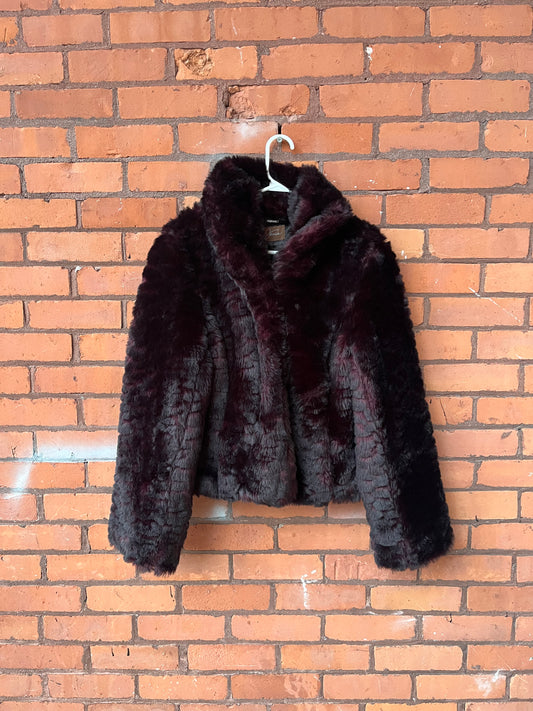 Y2K Vintage Burgundy Plush Faux Fur Coat / Size M