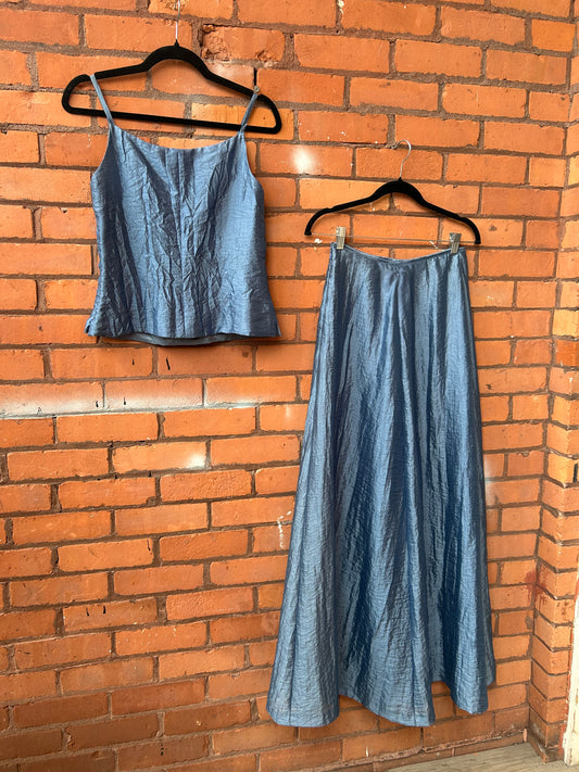 90’s Vintage Blue Textured Square Neck Top & A-Line Skirt Set / Size 6-8