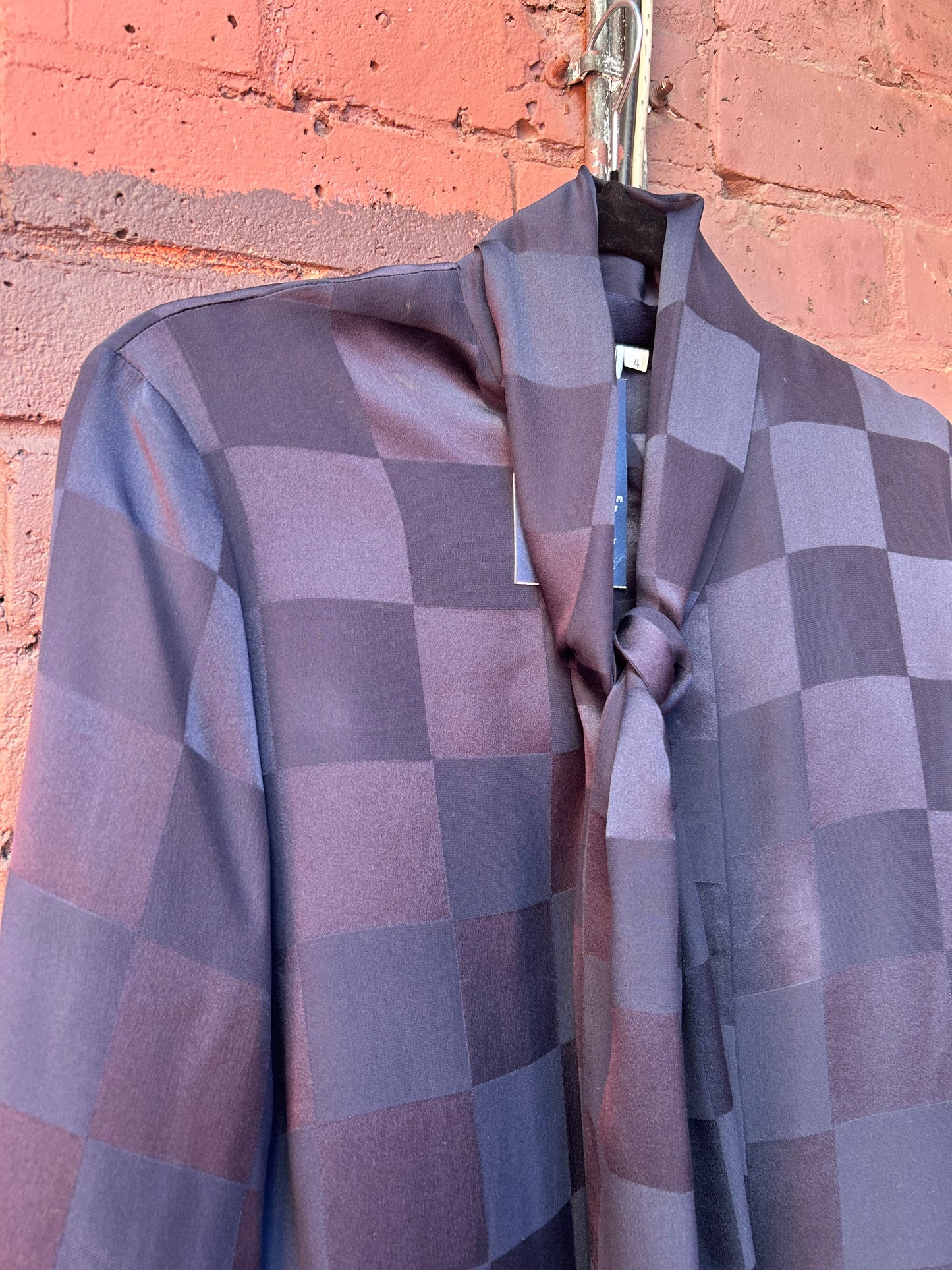 90's Vintage Checkered Navy Silk Tie Neck Blouse / Size M