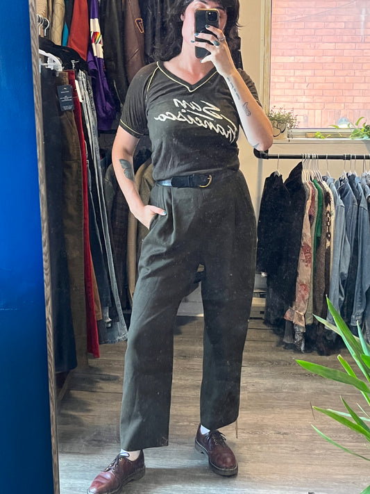 90’s Vintage Army Green Wool Pleated Trousers / 30 Waist