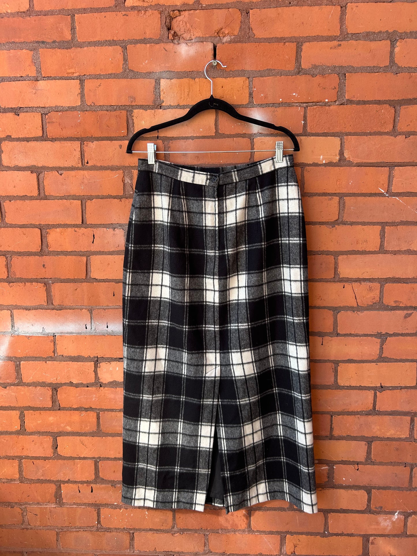 90’s Vintage Black & White Plaid Wool Blend Maxi Skirt / 30 Waist