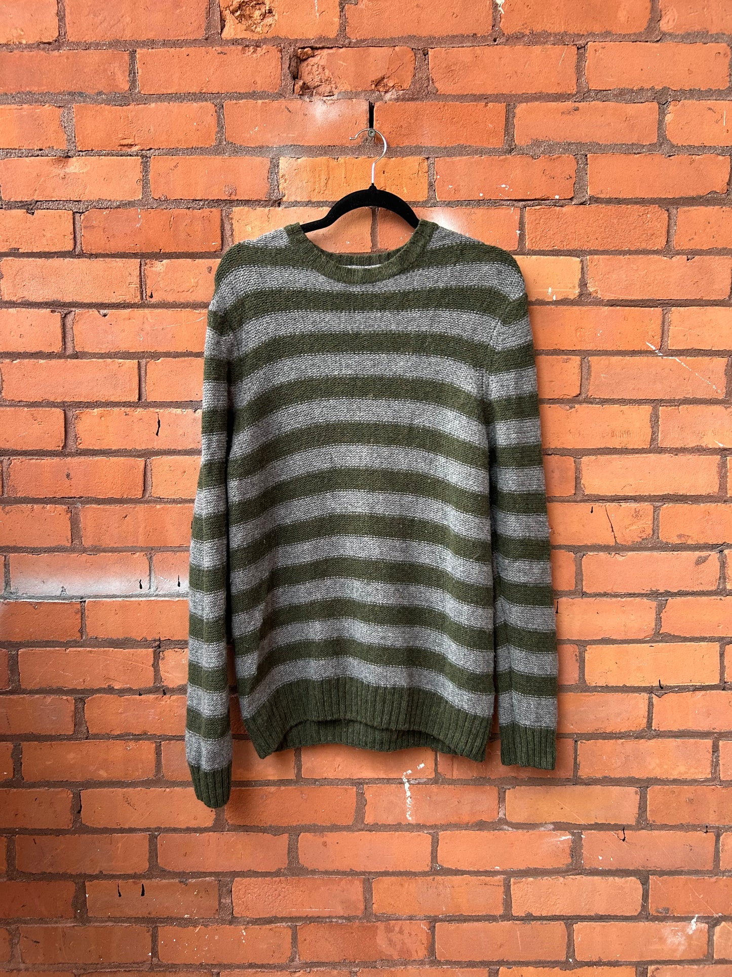 90’s Vintage Grey & Green Striped Wool Sweater / Size L