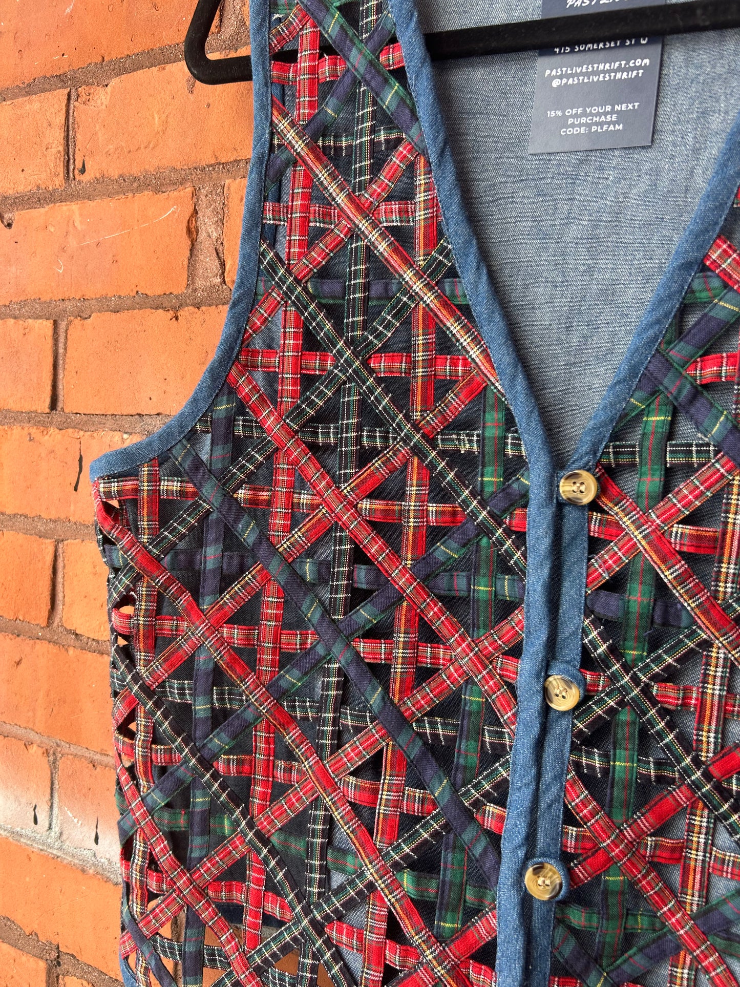 90’s Vintage Plaid Lattice & Denim Vest / Size S-M