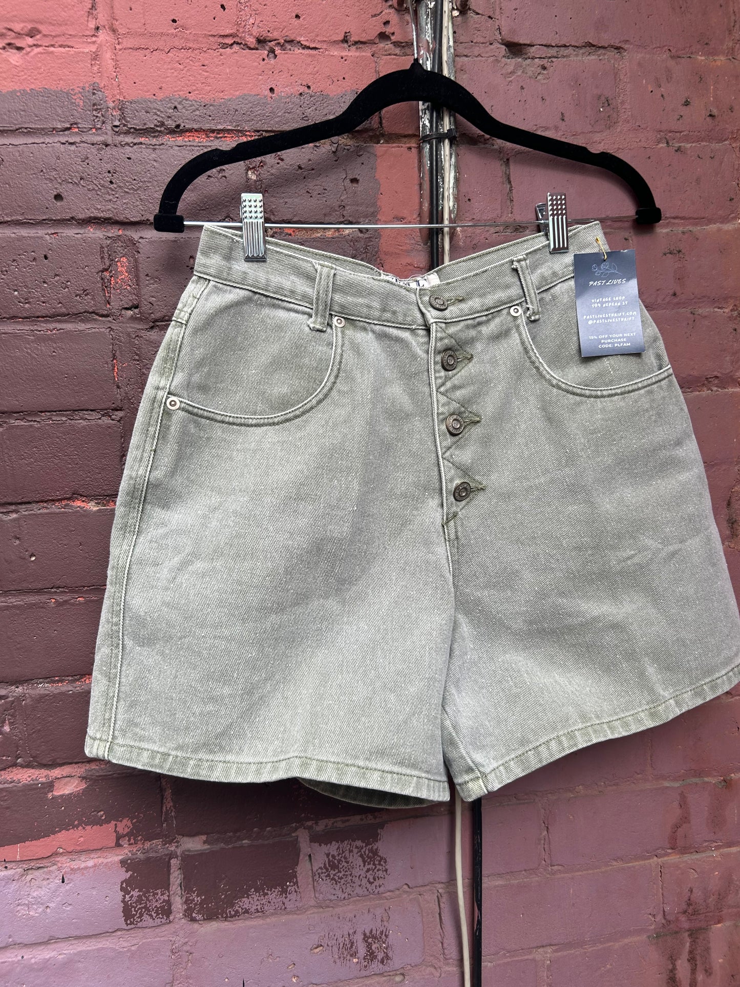 90's Vintage Green Denim Button Fly Shorts / 28 Waist