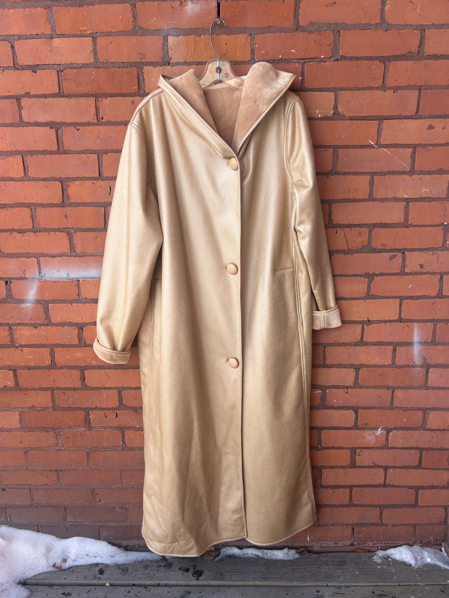 90’s Vintage Linda Lundström Soft Gold Hooded Maxi Over Coat / Size L